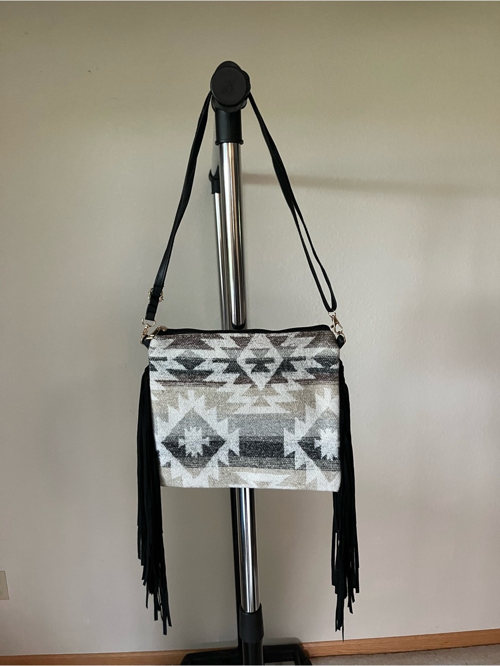 Fringed Aztec Print Crossbody Bag in Black and Cream